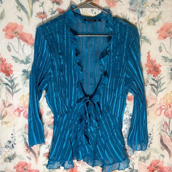 Notations Blue Ruffled Tie Front Blouse - Picture 1 of 9